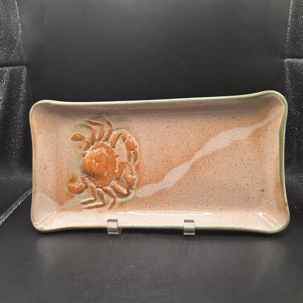 Hugh Wayne Signed Studio Pottery Crab Tray Rectangular Coastal Stoneware Platter